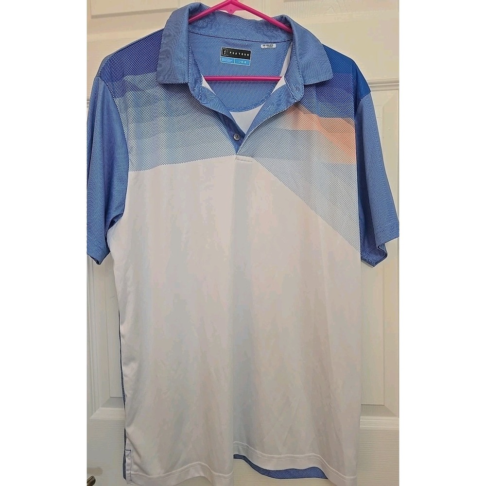 PGA Tour Men's Large Blue‎ White Orange Polo Shirt Short Sleeve